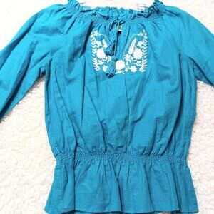 NWOT Boho Hippie Peasant Blouse Turquoise Embroidered Linen Sz M - Christmas!